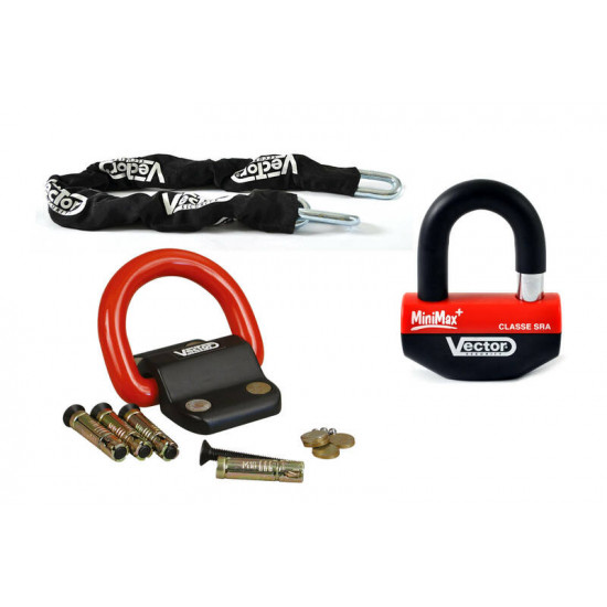 Kit antivol VECTOR - chaîne 1,30m + cadenas/bloque-disque MiniMax+ + Fixation Compac Blok