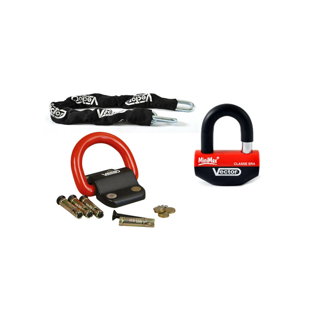 Kit antivol VECTOR - chaîne 1,30m + cadenas/bloque-disque MiniMax+ + Fixation Compac Blok