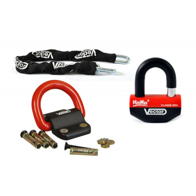 Kit antivol VECTOR - chaîne 1,30m + cadenas/bloque-disque MiniMax+ + Fixation Compac Blok