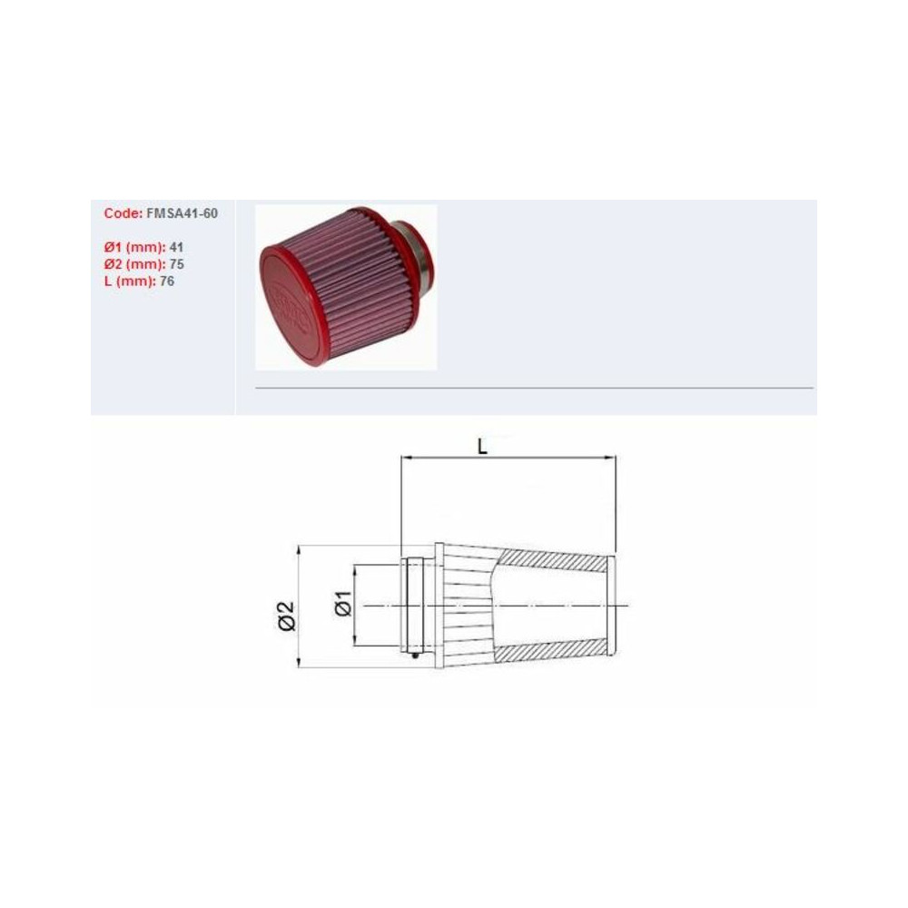 Filtre à air BMC conique Ø41mm - FMSA41-60